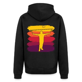 Diabolo Spielgerät Schulsport Hobby Jongleur - Unisex Premium Bio Zip Hoodie - Schwarz - Hinten - Nico (187cm)