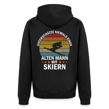 Mann mit Skiern - Unisex Premium Bio Zip Hoodie - Schwarz - Hinten - Nico (187cm)