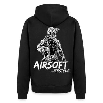 Airsoft /Softair / Softgun / AEG Airsoft Milsim - Unisex Premium Bio Zip Hoodie - Schwarz - Hinten - Nico (187cm)