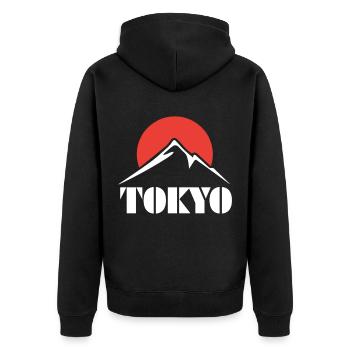 Tokio Berg Japan Ostasien Sonnenuntergang - Unisex Premium Bio Zip Hoodie - Schwarz - Hinten - Nico (187cm)