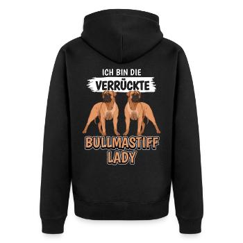 Bullmastiff Ich bin die verrückte Bullmastiff Lady - Unisex Premium Bio Zip Hoodie - Schwarz - Hinten - Nico (187cm)