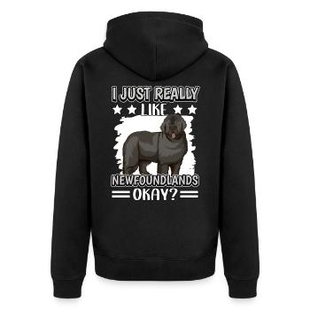 Neufundländer I Just Really Like Newfoundlands - Unisex Premium Bio Zip Hoodie - Schwarz - Hinten - Nico (187cm)
