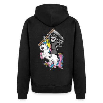 Tod reitet Einhorn Sensemann Ironie Humor - Unisex Premium Bio Zip Hoodie - Schwarz - Hinten - Nico (187cm)