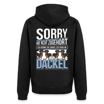 Dackel Ich denke die ganze Zeit nur an Dackel - Unisex Premium Bio Zip Hoodie - Schwarz - Hinten - Nico (187cm)