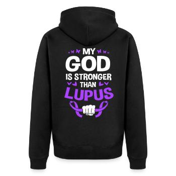 Lupus-Kämpfer Mein Gott ist stärker als der Lupus - Unisex Premium Bio Zip Hoodie - Schwarz - Hinten - Nico (187cm)