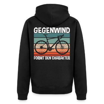 Gegenwind formt den Charakter - Unisex Premium Bio Zip Hoodie - Schwarz - Hinten - Nico (187cm)