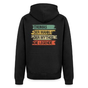 Thomas der Mann der Mythos die Legende - Unisex Premium Bio Zip Hoodie - Schwarz - Hinten - Nico (187cm)