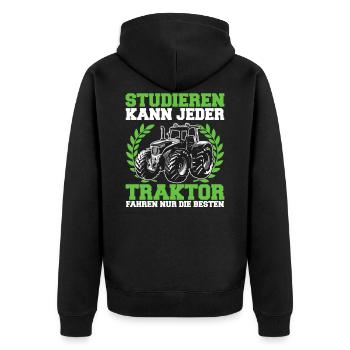 Studieren kann jeder Traktor Trecker fahren Spruch - Unisex Premium Bio Zip Hoodie - Schwarz - Hinten - Nico (187cm)