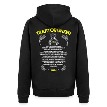 Traktor Unser Bauer Landwirt Spruch - Unisex Premium Bio Zip Hoodie - Schwarz - Hinten - Nico (187cm)