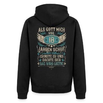 Als Gott mich vor 18 Jahren schuf 18. Geburtstag - Unisex Premium Bio Zip Hoodie - Schwarz - Hinten - Nico (187cm)