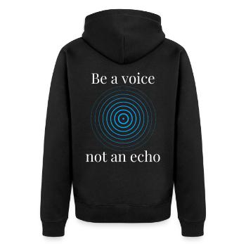 Be a voice not an echo Kreisdesign - Unisex Premium Bio Zip Hoodie - Schwarz - Hinten - Nico (187cm)