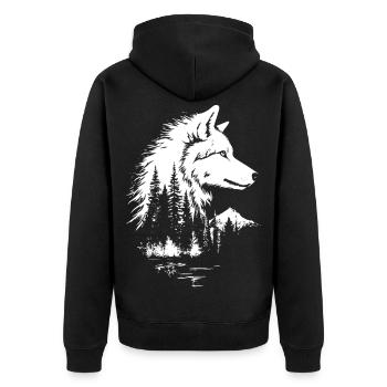 Wolf Gesicht Wald Silhouette im Schwarz-Weiß-Stil - Unisex Premium Bio Zip Hoodie - Schwarz - Hinten - Nico (187cm)