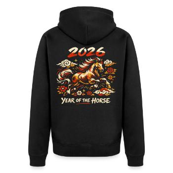 Année du Cheval 2026 - Nouvel An Chinois Vintage - Veste à capuche bio Premium Unisexe - noir - Dos - Nico (187cm)