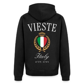 Vieste Italien Wappen Krone – Reise Souvenir - Unisex Premium Bio Zip Hoodie - Schwarz - Hinten - Nico (187cm)