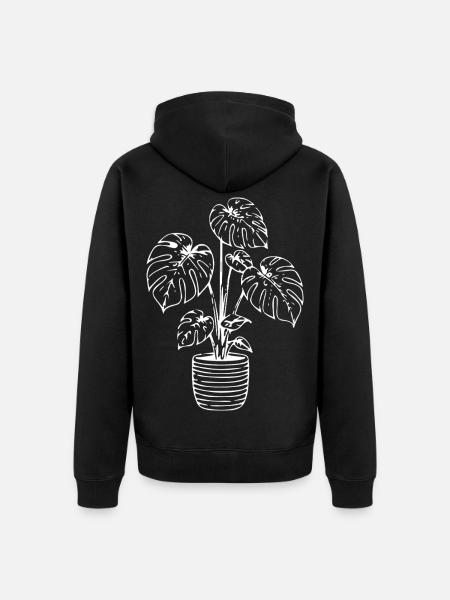Monstera line art on black - Unisex Premium Organic Zip Hoodie - black