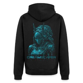 Dreamscaper Cyberpunk SciFi - Unisex Premium Bio Zip Hoodie - Schwarz - Hinten - Nico (187cm)