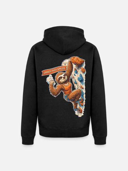 Boulder-Faultier: Grace Over Speed Klettern - Unisex Premium Bio Zip Hoodie - Schwarz