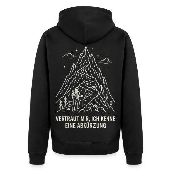 Wandern - Vertraut mir, ich kenne eine Abkürzung - Unisex Premium Bio Zip Hoodie - Schwarz - Hinten - Nico (187cm)