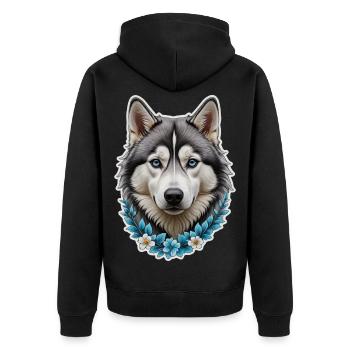 Eisblauer Husky Kopf mit Blumenrahmen - Unisex Premium Bio Zip Hoodie - Schwarz - Hinten - Nico (187cm)