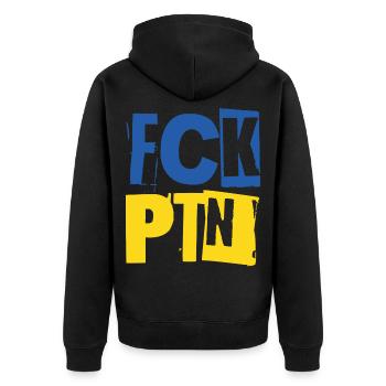 FCK PTN Ukraine blue yellow - Unisex Premium Organic Zip Hoodie - black - Back - Nico (187cm)