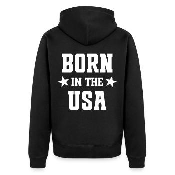 Geboren in den USA - Unisex Premium Bio Zip Hoodie - Schwarz - Hinten - Nico (187cm)