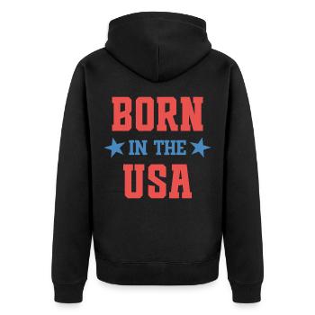 Geboren in den USA - Unisex Premium Bio Zip Hoodie - Schwarz - Hinten - Nico (187cm)