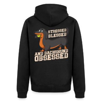 Stressed Blessed & Dachshund Obsessed Weiner Dog - Unisex Premium Organic Zip Hoodie - black - Back - Nico (187cm)
