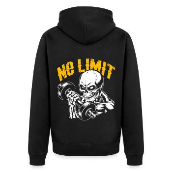 No Limit Workout Bodybuilding Skull mit Hantel - Unisex Premium Bio Zip Hoodie - Schwarz - Hinten - Nico (187cm)