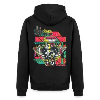in Turbo we trust, Motorblock, V6, Mechaniker - Unisex Premium Bio Zip Hoodie - Schwarz - Hinten - Nico (187cm)
