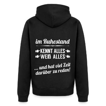 Im Ruhestand mit viel Wissen und viel Zeit - Unisex Premium Bio Zip Hoodie - Schwarz - Hinten - Nico (187cm)