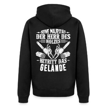 HERR DES HOLZES / HOLZ / KETTENSÄGE - Unisex Premium Bio Zip Hoodie - Schwarz - Hinten - Nico (187cm)
