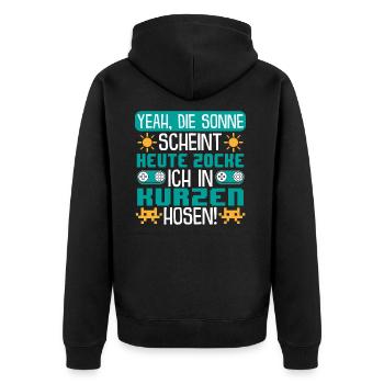 Zocken in kurzen Hosen. Gamer Gaming Videospiele - Unisex Premium Bio Zip Hoodie - Schwarz - Hinten - Nico (187cm)