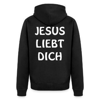 JESUS LIEBT DICH - Unisex Premium Bio Zip Hoodie - Schwarz - Hinten - Nico (187cm)