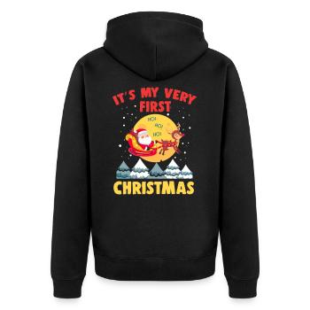 Es ist mein allererstes Weihnachten - Unisex Premium Bio Zip Hoodie - Schwarz - Hinten - Nico (187cm)
