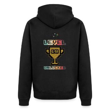 Geschenk zum 18. Geburtstagsgeschenk Level 18 freigeschaltet - Unisex Premium Bio Zip Hoodie - Schwarz - Hinten - Nico (187cm)