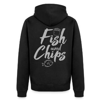 Fish & Chips Lustiges britisches Essen und Streetfood - Unisex Premium Bio Zip Hoodie - Schwarz - Hinten - Nico (187cm)