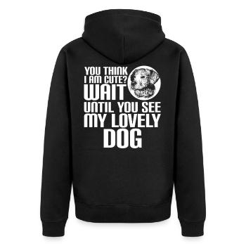 YOU THINK I AM CUTE? LOVELY DOG - Unisex Premium Bio Zip Hoodie - Schwarz - Hinten - Nico (187cm)