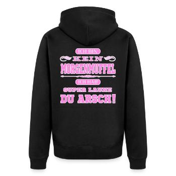 Ich bin kein Morgenmuffel du Arsch - Unisex Premium Bio Zip Hoodie - Schwarz - Hinten - Nico (187cm)