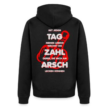 leck mich am arsch - Unisex Premium Bio Zip Hoodie - Schwarz - Hinten - Nico (187cm)