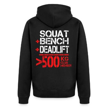 500 kg Club Member - Powerlifter Kraftdreikampf - Unisex Premium Bio Zip Hoodie - Schwarz - Hinten - Nico (187cm)