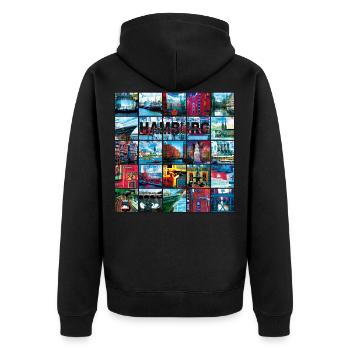 03 Faszination Hamburg Collage - Margarita-Art - Unisex Premium Bio Zip Hoodie - Schwarz - Hinten - Nico (187cm)