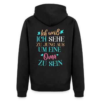 Ich weiß, ich sehe zu jung aus, um Oma zu sein - Unisex Premium Bio Zip Hoodie - Schwarz - Hinten - Nico (187cm)