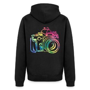 Photographie de caméraman appareil photo coloré - Veste à capuche bio Premium Unisexe - noir - Dos - Nico (187cm)