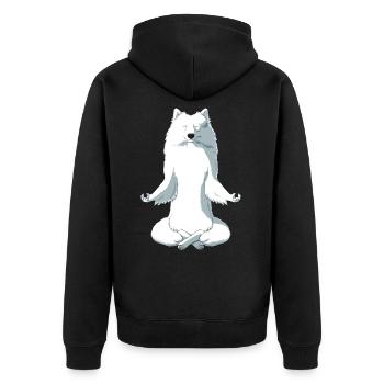 Meditierender JapanSpitz Hund - Unisex Premium Bio Zip Hoodie - Schwarz - Hinten - Nico (187cm)
