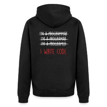 Ich schreibe Code Coder Programmer Programmiergeschenk - Unisex Premium Bio Zip Hoodie - Schwarz - Hinten - Nico (187cm)