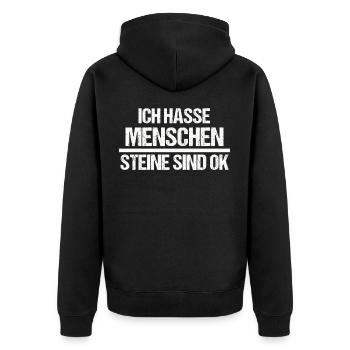 Ich hasse Menschen - Steine sind ok - Unisex Premium Bio Zip Hoodie - Schwarz - Hinten - Nico (187cm)