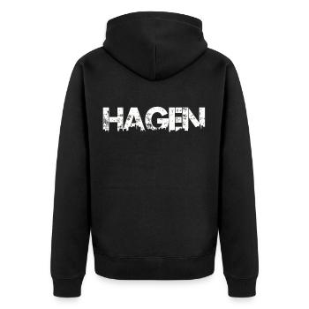 Hagen Skyline - Stadt Schriftzug - Unisex Premium Bio Zip Hoodie - Schwarz - Hinten - Nico (187cm)