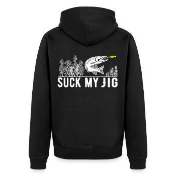 Hecht Lustiger Spruch Suck My Jig Raubfischangler - Unisex Premium Bio Zip Hoodie - Schwarz - Hinten - Nico (187cm)