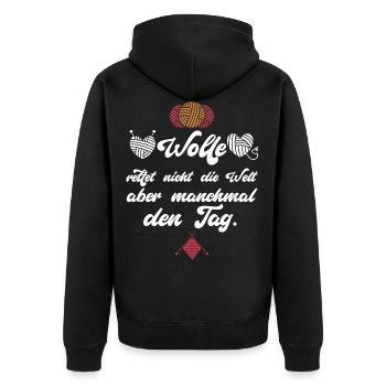 Wolle rettet manchmal den Tag. Häkeln Stricken - Unisex Premium Bio Zip Hoodie - Schwarz - Hinten - Nico (187cm)