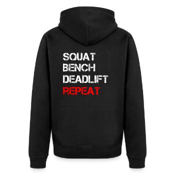 Squat Bench Deadlift Repeat - Unisex Premium Bio Zip Hoodie - Schwarz - Hinten - Nico (187cm)
